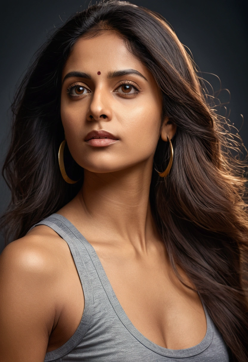 Beautiful woman wearing a tanktop no bra, analog photograph, professional fashion photoshoot, hyperrealistic, masterpiece, trending on artstation,Portrait of A confident-looking indian woman with long flowing hair, hazel eyes,  , trending on artstation, portrait, , modern, sleek, highly detailed, determined, lawyer, colorized, smooth, charming, pretty, perfect composition, hyperrealistic, super detailed, 8k, high quality