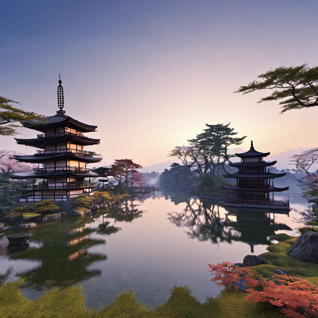 A morning in another world, divine, mysterious and calm, good morning, ancient Japan, a world where everyone is happy, I wish for world peace. ((Highest quality, 8K, masterpiece: 1.3))