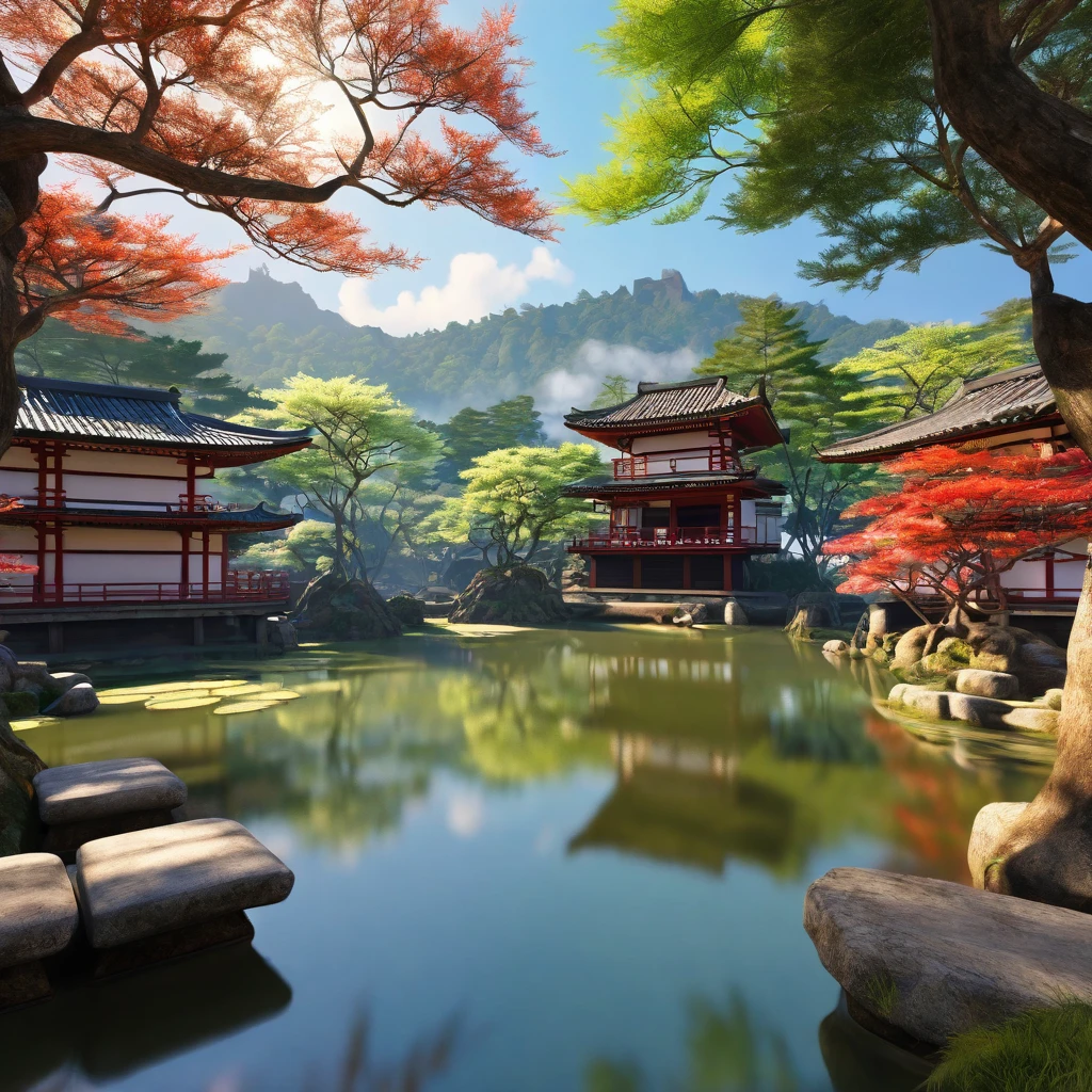 A morning in another world, divine, mysterious and calm, good morning, ancient Japan, a world where everyone is happy, I wish for world peace. ((Highest quality, 8K, masterpiece: 1.3))