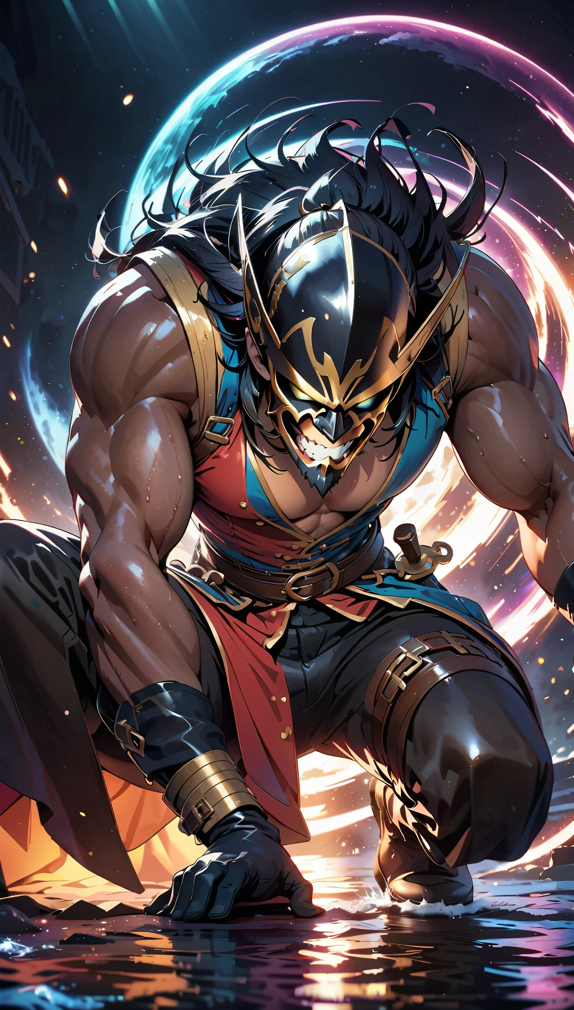 A fierce battle between pirates on the deck of a ship、Pirate costumes、dagger、Dramatic lighting、Cinematic composition、Detailed Texture、Dramatic lighting、Moody color palette、(Detailed pirate face、Sharp Eyes、beard、laughing)、Intricate details、Strong Shadows、Dynamic pose、Anime Style、Vivid Shadows、Gritty atmosphere、Intense action、High Contrast、Bright colors、Depth of written boundary、masterpiece、8k、Super detailed