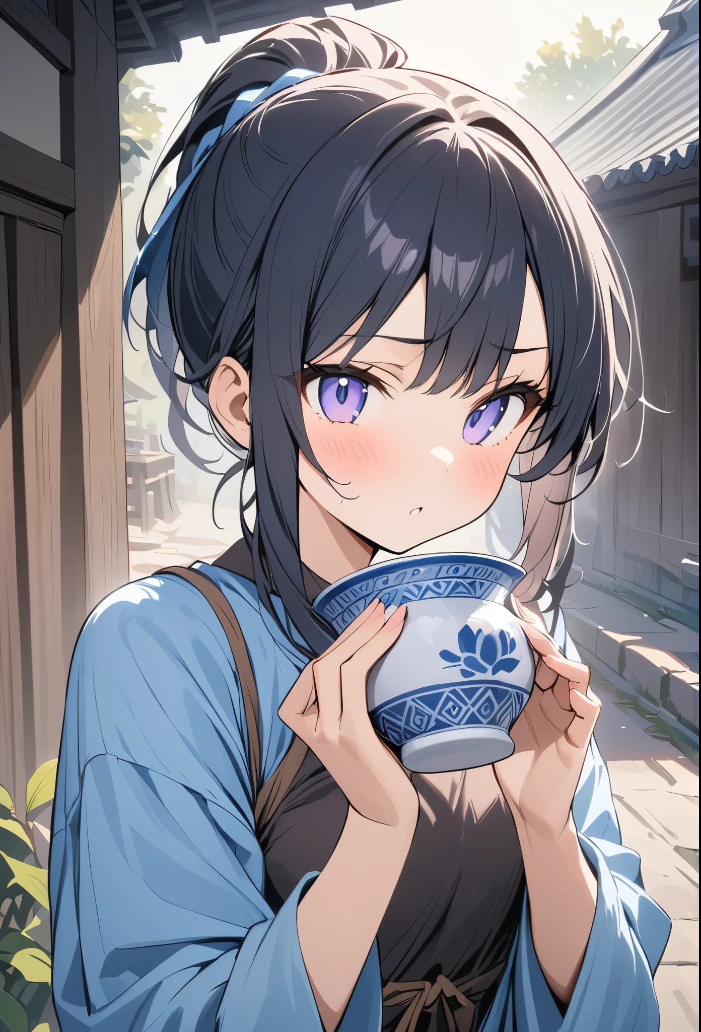 Pale colors、アニメ、デジタルアニメアート、Flat Design,(masterpiece:1.2)、high quality、High resolution、Very detailed、(Amazingly absurd:1.2)、BREAK、Jomon Period、Black Hair、long hair、Hair tied back、Girl holding Jomon pottery