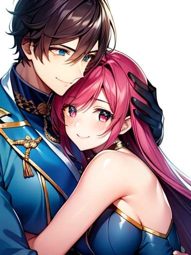 Male and female hugging each other, the femal has cute shiny smile and beautiful eyes and the male has a cute smile and soft boy