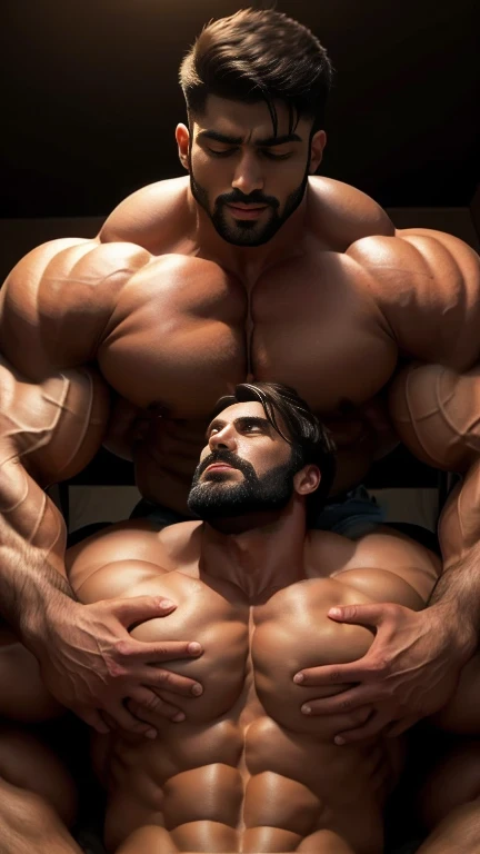 40 years old handsome beared man face looking upward to man