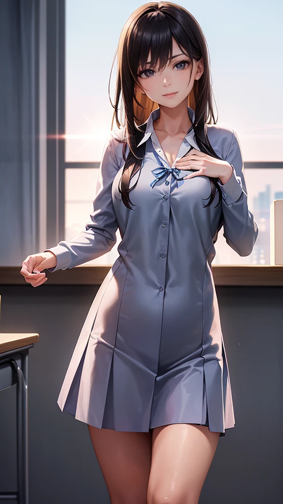 25-year-old woman, Mature Woman, ((In the classroom)), ((school uniform)), RAW Photos, (photoRealistic: 1.37, Realistic), Highly detailed synthetic CG 8K wallpaper, One girl, (((Perfect body: 1.1)), (Medium chest: 1.2), Looking at the audience, (((Straight from the front)))), (high qualityスキン:1.2, Glowing Skin), 8K Ultra HD, Digital SLR, Soft lighting, high quality, Film Grain, Fujifilm XT3, ((whole body:  0.8)), (Professional Lighting:1.4) ,