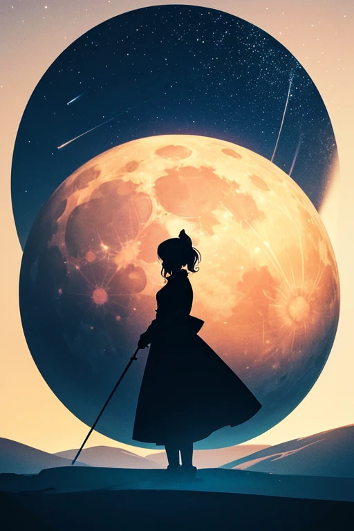 Highest quality,Big moon and shadow,A silhouette of a person can be seen against the backdrop of a large moon.,There is one full moon,There is a mood,Beautiful scenery,Starry Sky