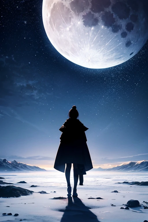 Highest quality,Big moon and shadow,A silhouette of a person can be seen against the backdrop of a large moon.,There is one full moon,There is a mood,Beautiful scenery,Starry Sky