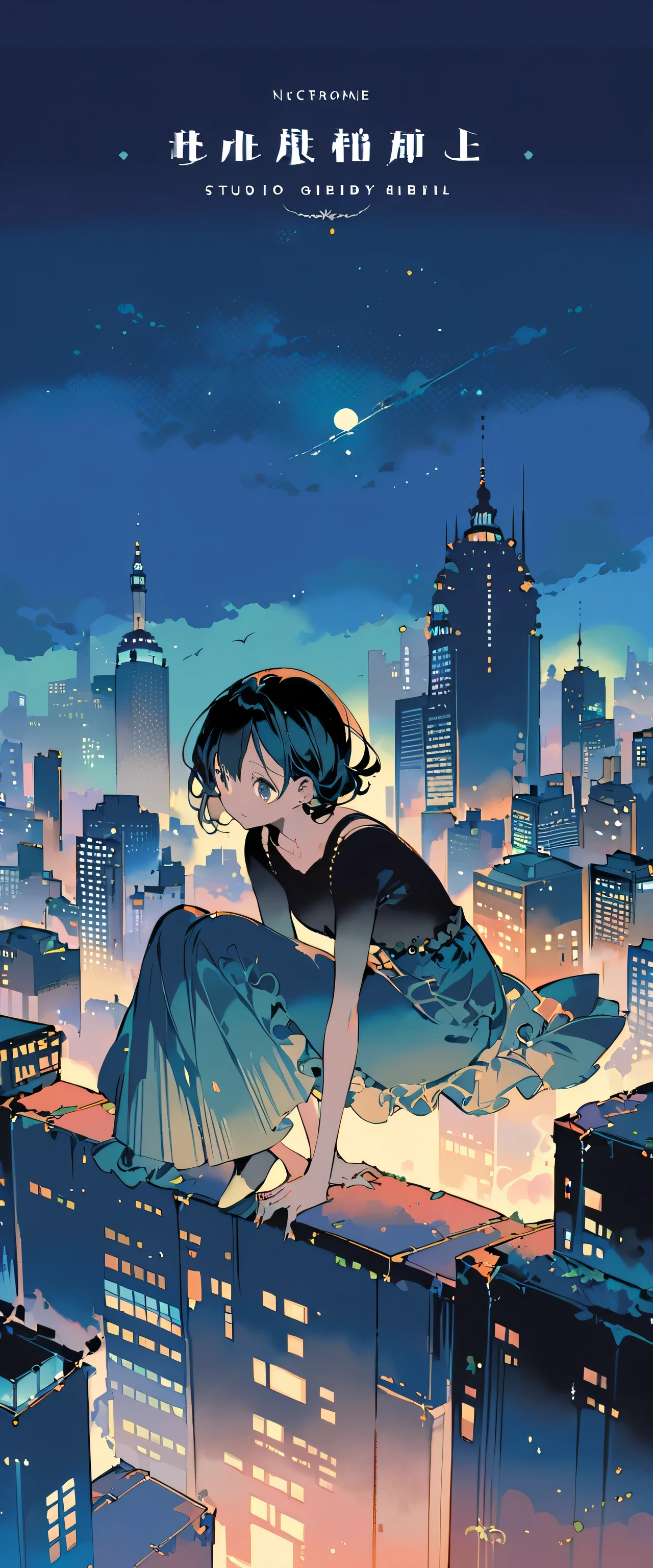 Girl in black top sitting on the edge of a skyscraper, Studio Ghibli, Cityscape, Detailed illustrations, Official Art, In kawacy style, Graceful Movement, Nocturne, Composed, HD wallpaper