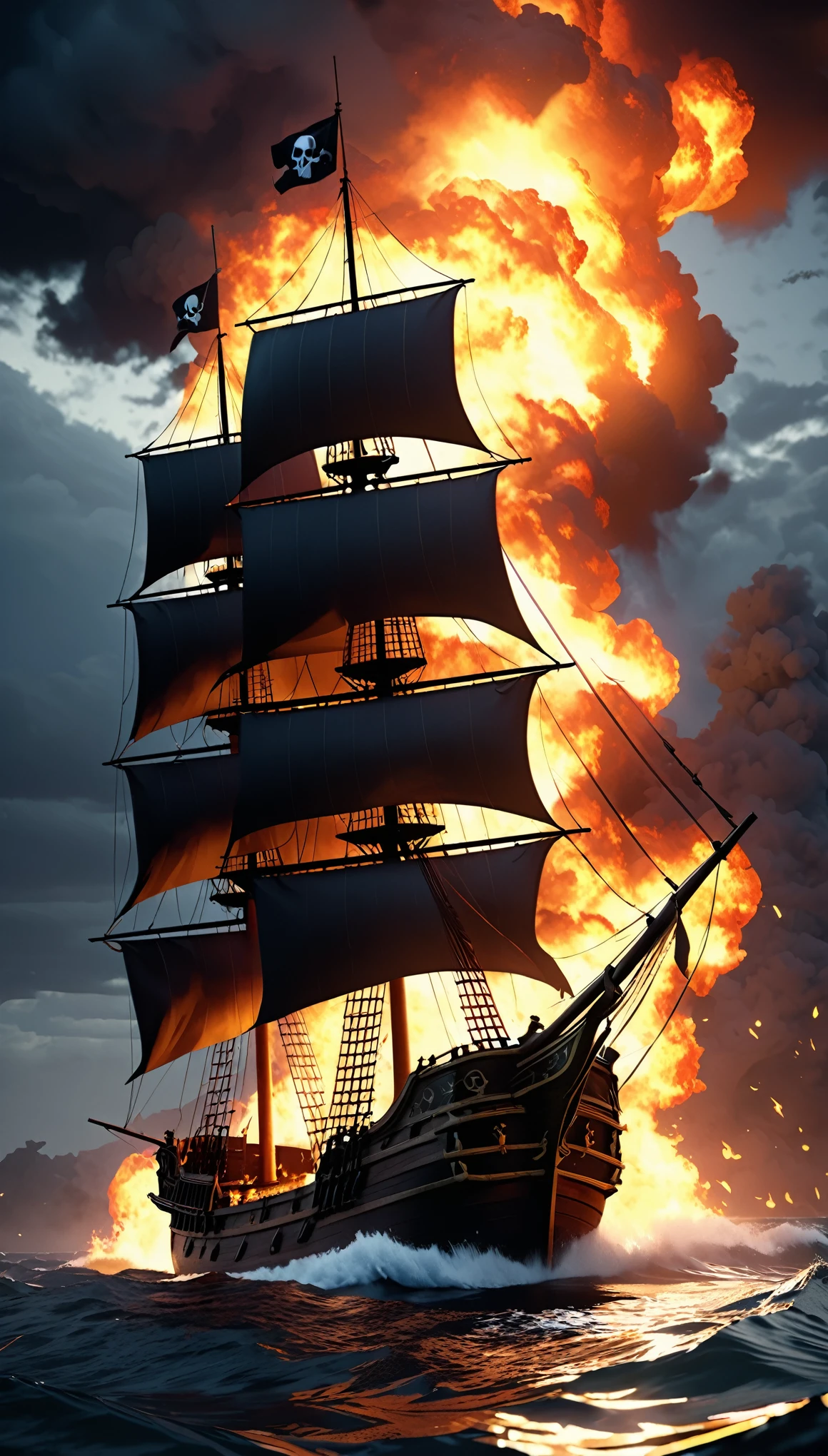 a burning pirate ship, burning mast, pirate flag, skull mark, dark night sea, dramatic lighting, realistic 3D render, cinematic composition, moody atmosphere, intense colors, detailed textures, high contrast, dramatic shadows, glowing embers, crackling flames, billowing smoke, stormy ocean waves, ominous sky, (best quality,4k,8k,highres,masterpiece:1.2),ultra-detailed,(realistic,photorealistic,photo-realistic:1.37)