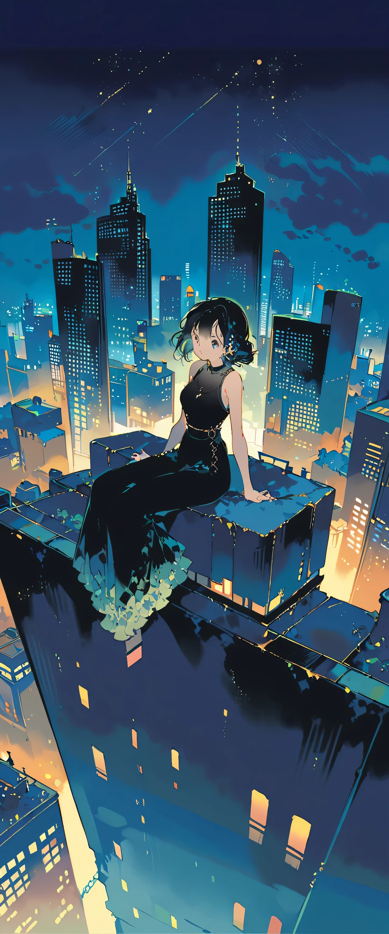 Girl in black top sitting on the edge of a skyscraper, Studio Ghibli, Cityscape, Detailed illustrations, Official Art, In kawacy style, Graceful Movement, Nocturne, Composed, HD wallpaper