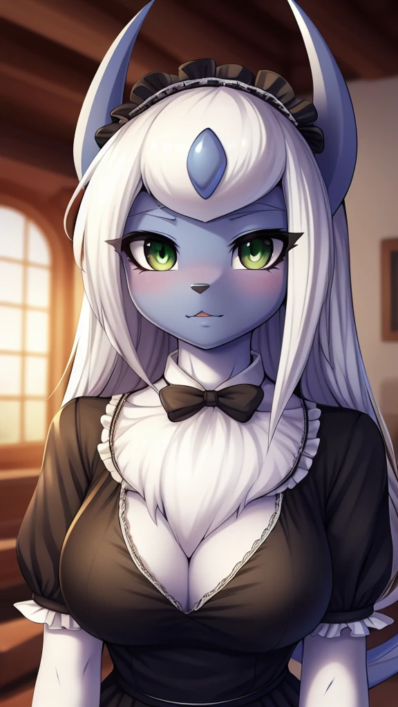 By zinfyu,by twistedscarlet60, uploaded on pixiv, by fluff-kevlar, (masterpiece), (best quality), (solo female:1.2), (extremely detailed:1.3),(detailed eye,black circle on eye,Green eye), Absol, view on viewer, close view, shy face, half body on potrait, only body and head, closeup, medium Breast, in living room, perfect circle of breast, beautiful white long hair, beautiful hair,has eyebrows, beautiful eyebrows, long eyebrows, wearing maid clotches,maid clotches,maid uniform, seductively worth it (closeup face)