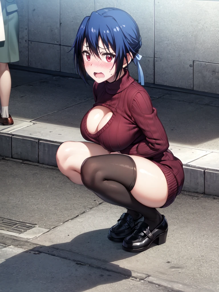 best quality:1.3, extremely detailed CG, super detailed skin, 4 fingers and 1 thumbs:1.3, five fingers:1.4, (seishirou tsugumi, big breast, midriff, solo), squatting, spread arms, (sweater dress:1.2), show off nipple, beautiful nipple, open breast clothes, thighhighs, show off pussy, shoes, open mouth, embarrassed, park, front view, looking at viewer,