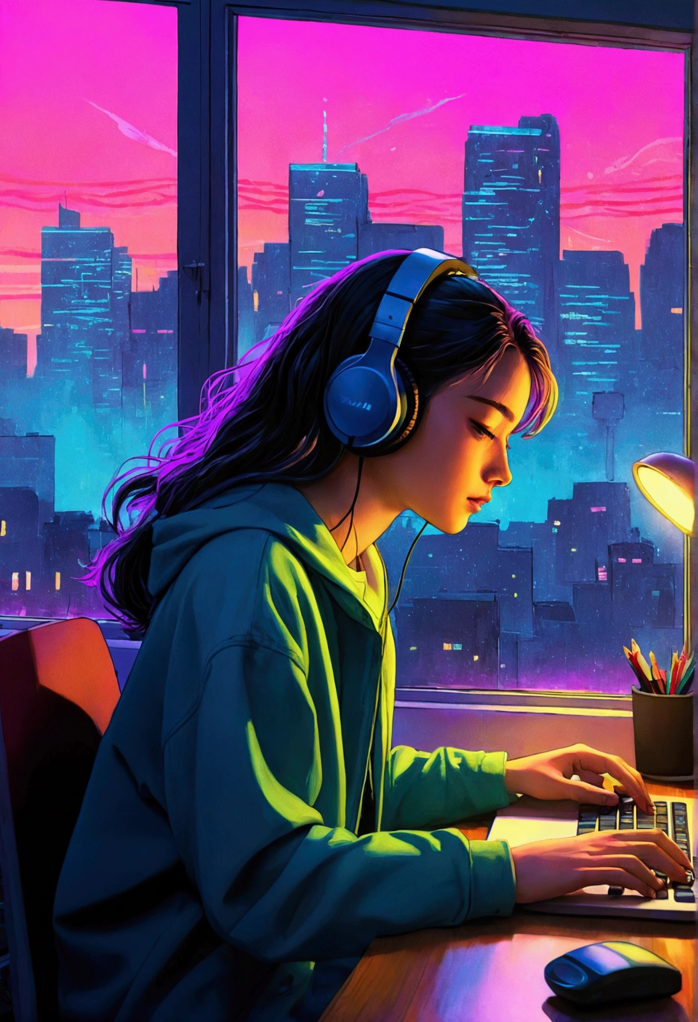 (praise), A girl studying hard at a computer at a desk, profile, Put on your headphones, Night Light, Neon scenery on a rainy day seen from the window,Analog Color Theme, Lo-fi hip hop , flat, 2.5D ,Line art, Ink painting, Large gradient, Watercolor, Gouache color, Studio Ghibli Style, Great colorful, amount of sales, Synthwave, praise art,90s Style,Old Texture, amplitude,90s vibe, Tabletop, Great skills