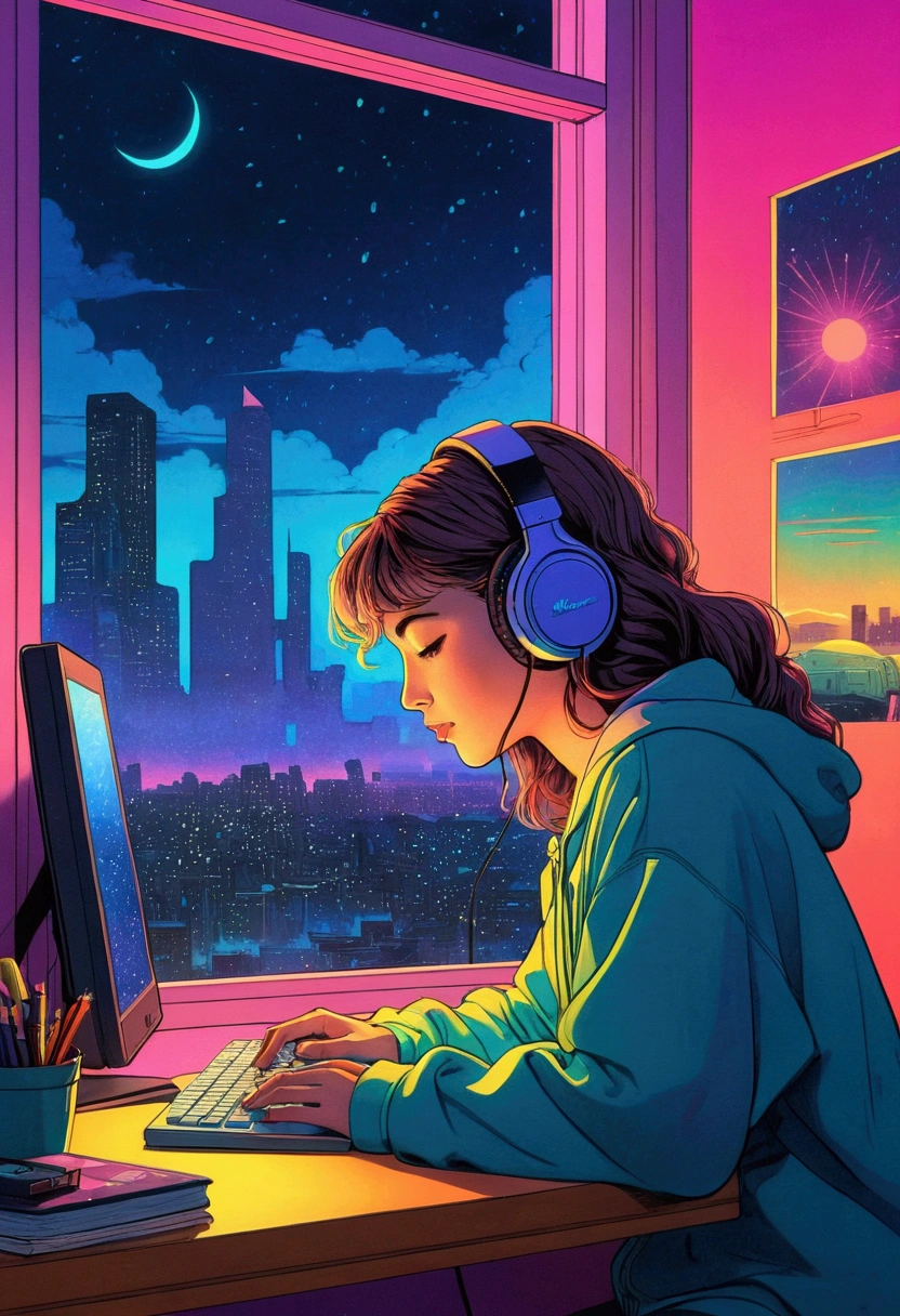 (praise), A girl studying hard at a computer at a desk, profile, Put on your headphones, Night Light, Neon scenery on a rainy day seen from the window,Analog Color Theme, Lo-fi hip hop , flat, 2.5D ,Line art, Ink painting, Large gradient, Watercolor, Gouache color, Studio Ghibli Style, Great colorful, amount of sales, Synthwave, praise art,90s Style,Old Texture, amplitude,90s vibe, Tabletop, Great skills