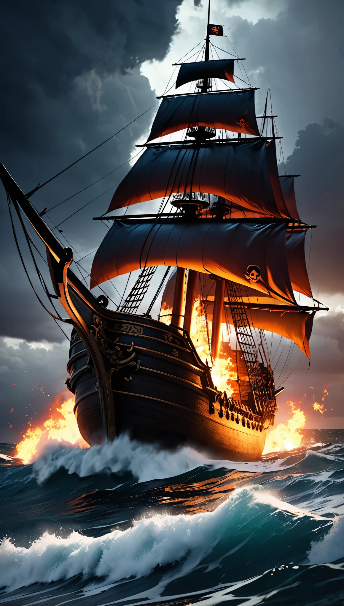 a burning pirate ship, burning mast, pirate flag, skull mark, dark night sea, dramatic lighting, realistic 3D render, cinematic composition, moody atmosphere, intense colors, detailed textures, high contrast, dramatic shadows, glowing embers, crackling flames, billowing smoke, stormy ocean waves, ominous sky, (best quality,4k,8k,highres,masterpiece:1.2),ultra-detailed,(realistic,photorealistic,photo-realistic:1.37)