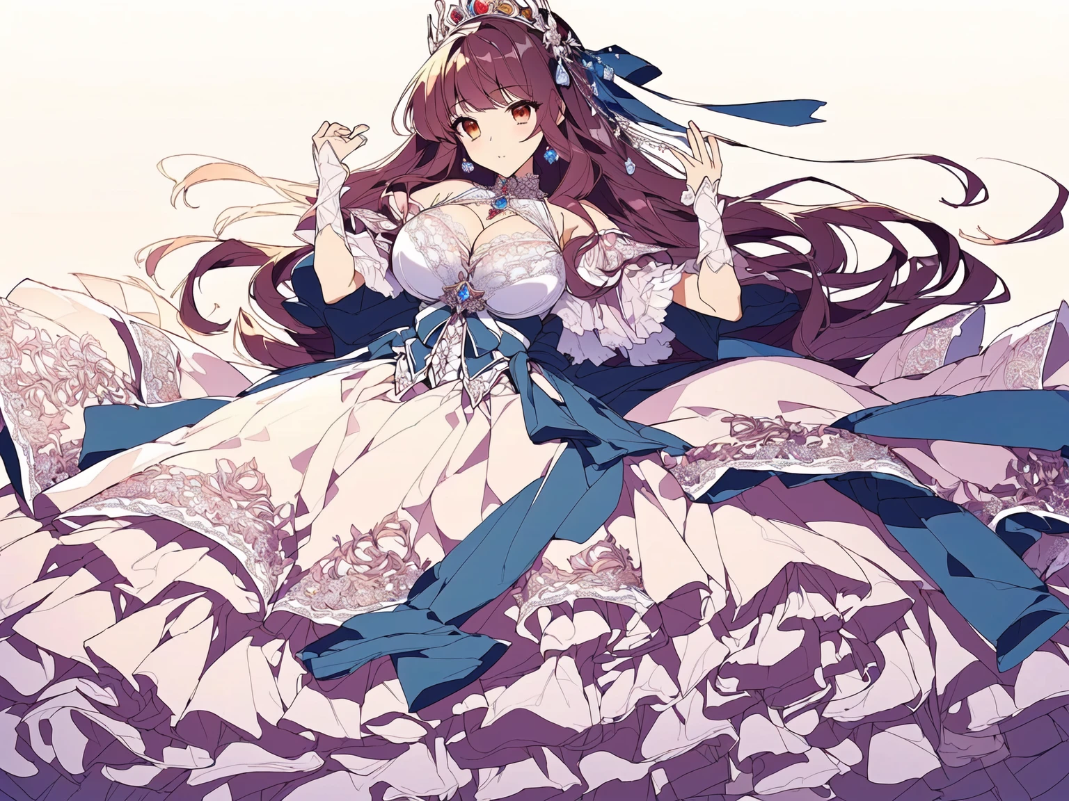 ((Anime cute art style)),(((digital))),Noble atmosphere,(masterpiece), (best quality), (Super detailed),illustration,(Very delicate and beautiful),Dynamic angle,looking at the audience,(((solitary))),((whole body)),(((1 Gorgeous and noble princess in wide skirt))),jewel eye,(Very long hair),Gorgeous embroidery and lace,transparent,gorgeous ruffles,(Huge breasts,Long Breasts),(Gorgeous ball gown with loose skirt),