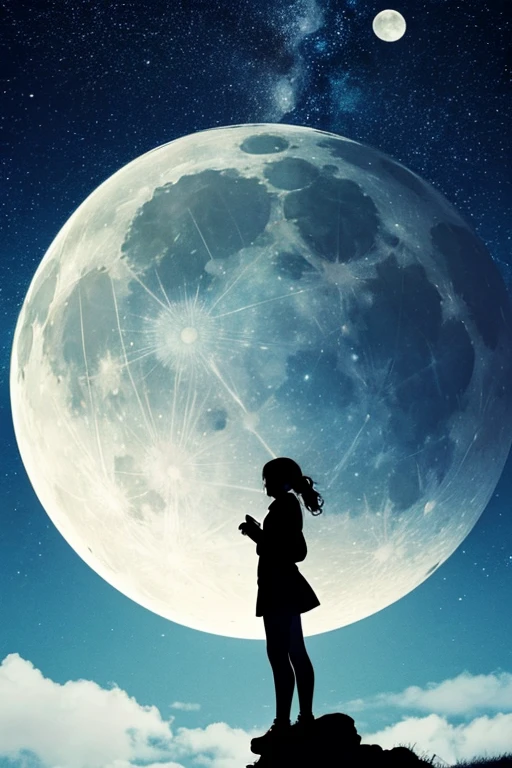 Highest quality,Big moon and shadow,A silhouette of a person can be seen against the backdrop of a large moon.,There is one full moon,There is a mood,Beautiful scenery,Starry Sky