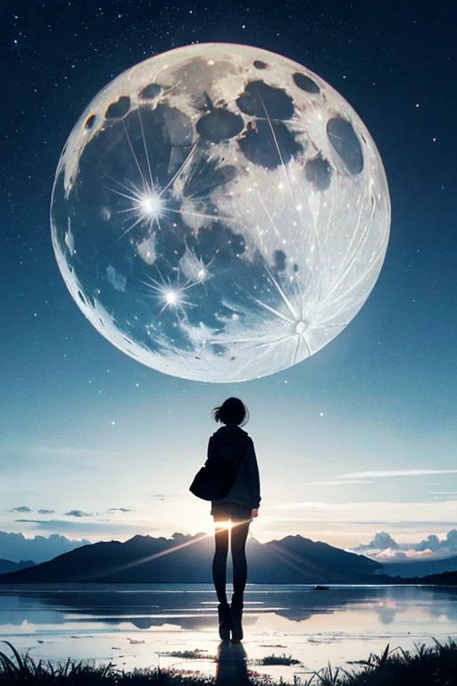 Highest quality,Big moon and shadow,A silhouette of a person can be seen against the backdrop of a large moon.,There is one full moon,There is a mood,Beautiful scenery,Starry Sky