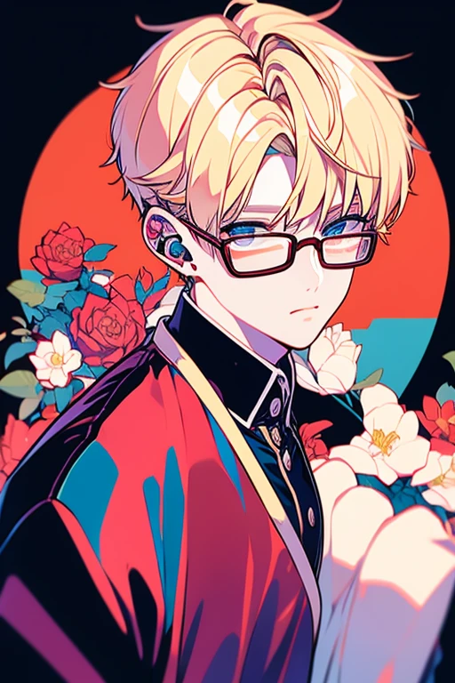 Blonde short　Tortoiseshell glasses　Eye color is wine red　Distributor　dj　headphone　neon　cute　natural