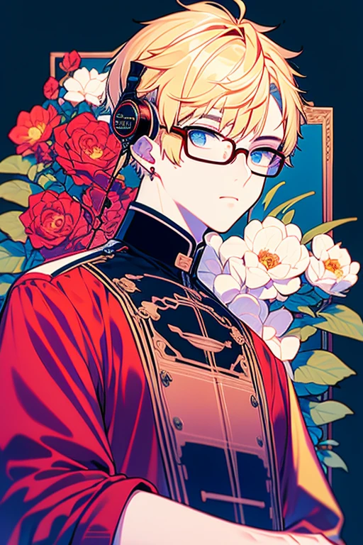 Blonde short Tortoiseshell glasses Eye color is wine red Distributor dj headphone neon cute natural