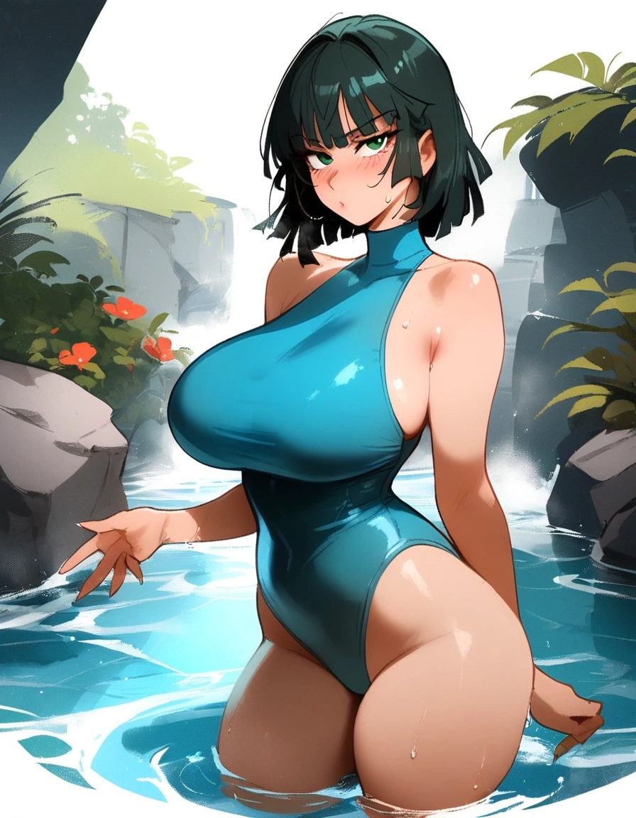 1girl, fubuki \(one-punch man\), one-punch man \\\\\ masterpiece, best quality, newest, , ///// nyantcha, khyle, cutesexyrobutts \\\\\ big breasts, thin waist, sweatdrop, blush, one-piece swimsuit,, solo, greenery, cropped legs, in water, looking at viewer