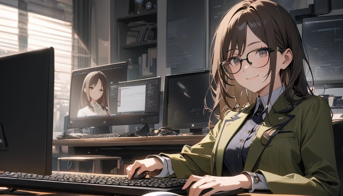 パソコンで仕事をするProfessionalグラマー,Portraiture,Professional,Wearing a smart suit,Stylish glasses,Typing on a sophisticated computer,Use a wireless mouse,Sitting at a modern desk,A soft smile,Soft natural light,High resolution,High resolution,Very detailed.One Woman ,alone, Dark brown hair ,Undistorted keyboard, focusing