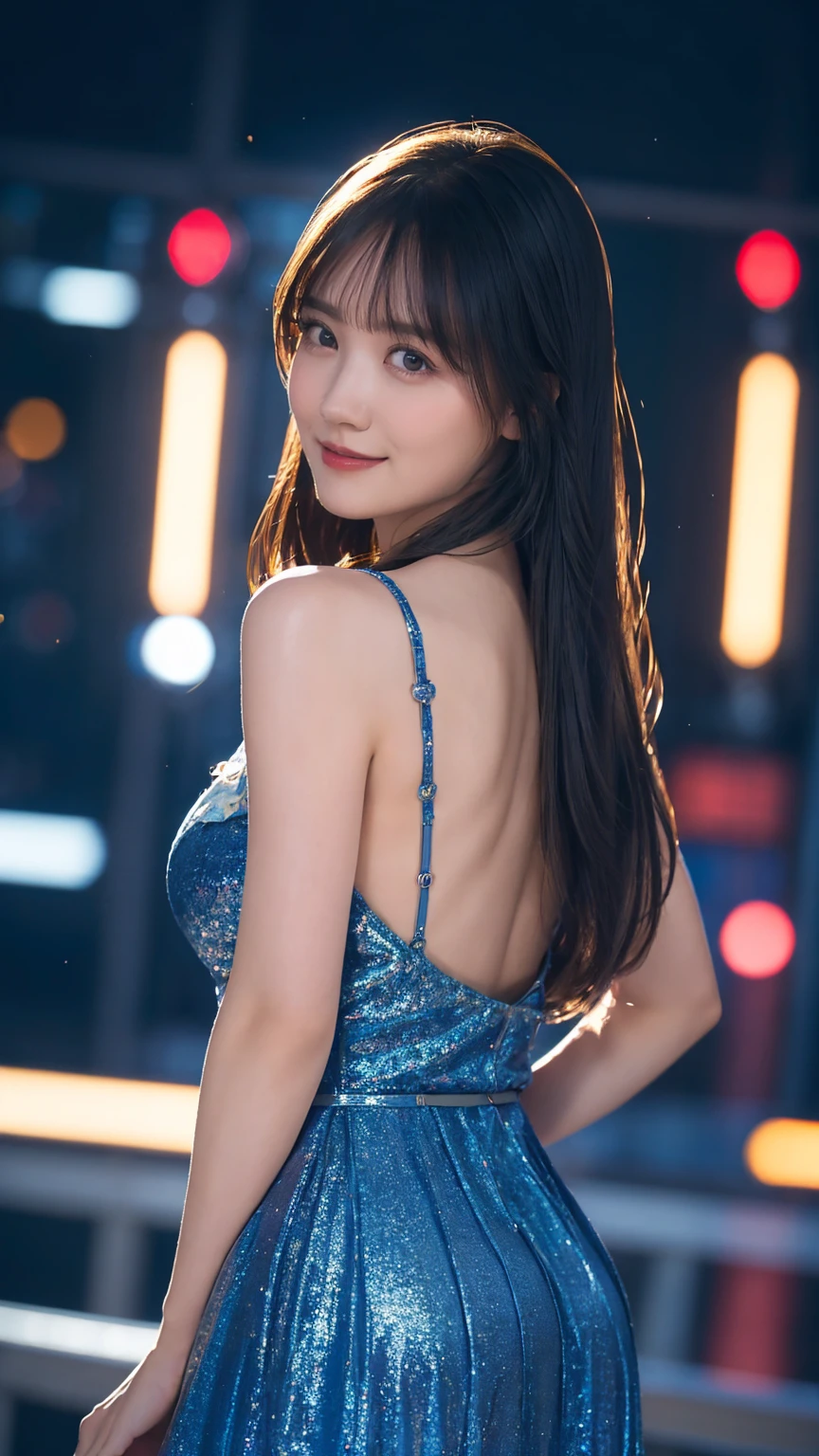 1girl,(wearing a blue glittery evening dress:1.2),(RAW photo, best quality), (realistic, photo-realistic:1.4), masterpiece, an extremely delicate and beautiful, extremely detailed, 2k wallpaper, Amazing, finely detail, extremely detailed CG unity 8k wallpaper, ultra-detailed, highres, soft light, beautiful detailed girl, extremely detailed eyes and face, beautiful detailed nose, beautiful detailed eyes,cinematic lighting,city lights at night,perfect anatomy,slender body,light smile,close up,(long hair with bangs), big breast