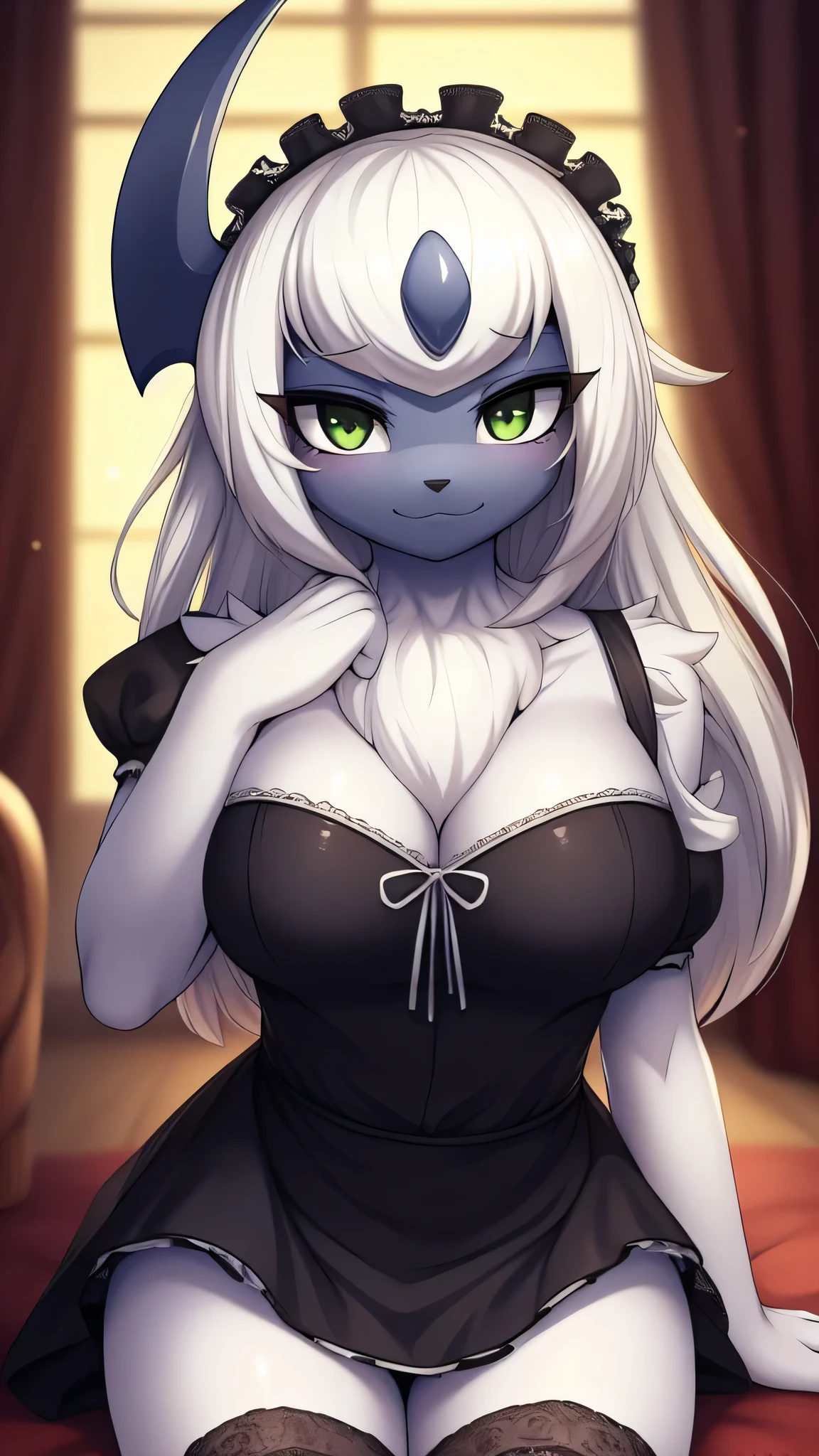 By zinfyu,by twistedscarlet60, uploaded on pixiv, by fluff-kevlar, (masterpiece), (best quality), (solo female:1.2), (extremely detailed:1.3),(detailed eye,black circle on eye,Green eye), Absol, view on viewer, close view, shy face, half body on potrait, only body and head, closeup, medium Breast, in living room, perfect circle of breast, beautiful white long hair, beautiful hair,has eyebrows, beautiful eyebrows, long eyebrows, wearing maid clotches,maid clotches,maid uniform, seductively worth it (closeup face)