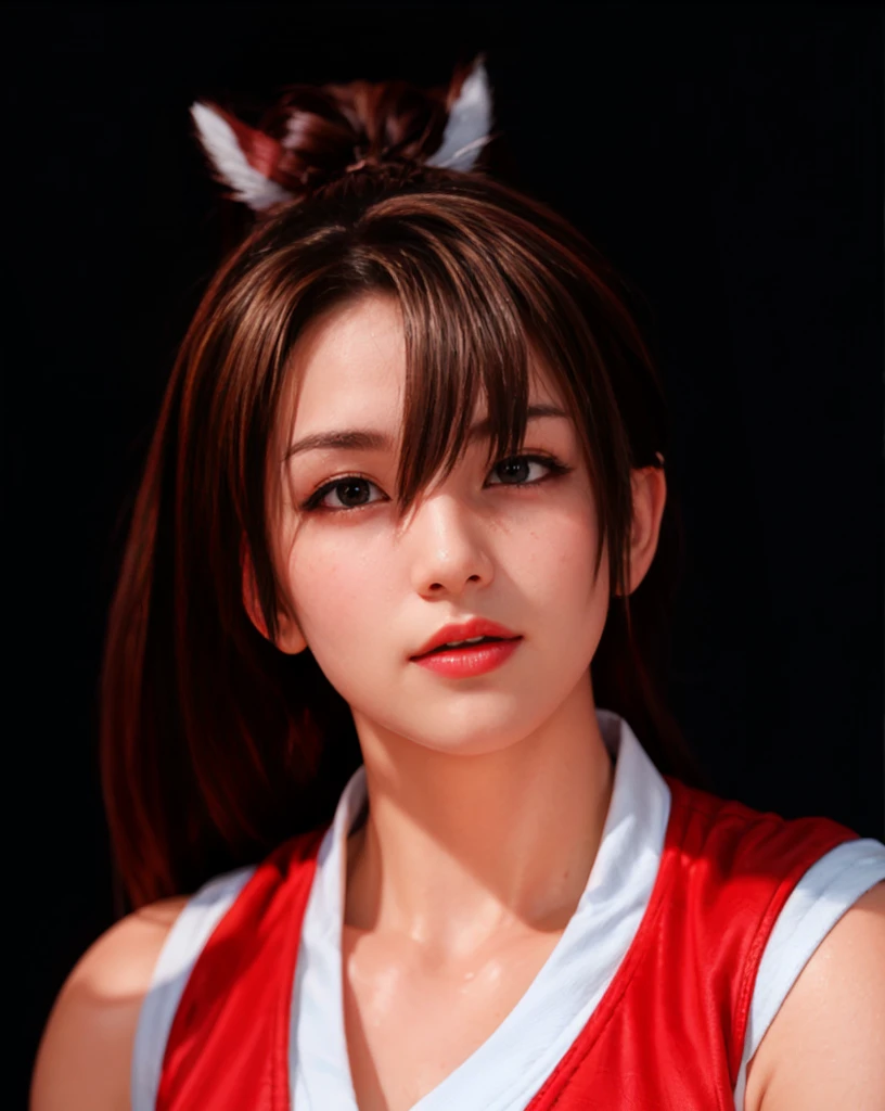 Mai Shiranui, (best quality,Ultra-detailed),(realistic:1.37), beautiful and detailed face, ultra-realistic texture, delicate face, athletic body, vivid colors. high definition, 8K, wearing red lipstick, rosy cheeks.