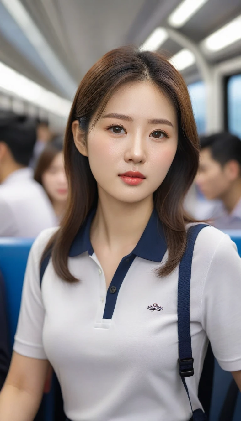 Close-up photo of a very beautiful Korean woman, Chest size 34 inches, wearing a polo shirt, trousers, on the train, crowded, bokeh background, UHD
