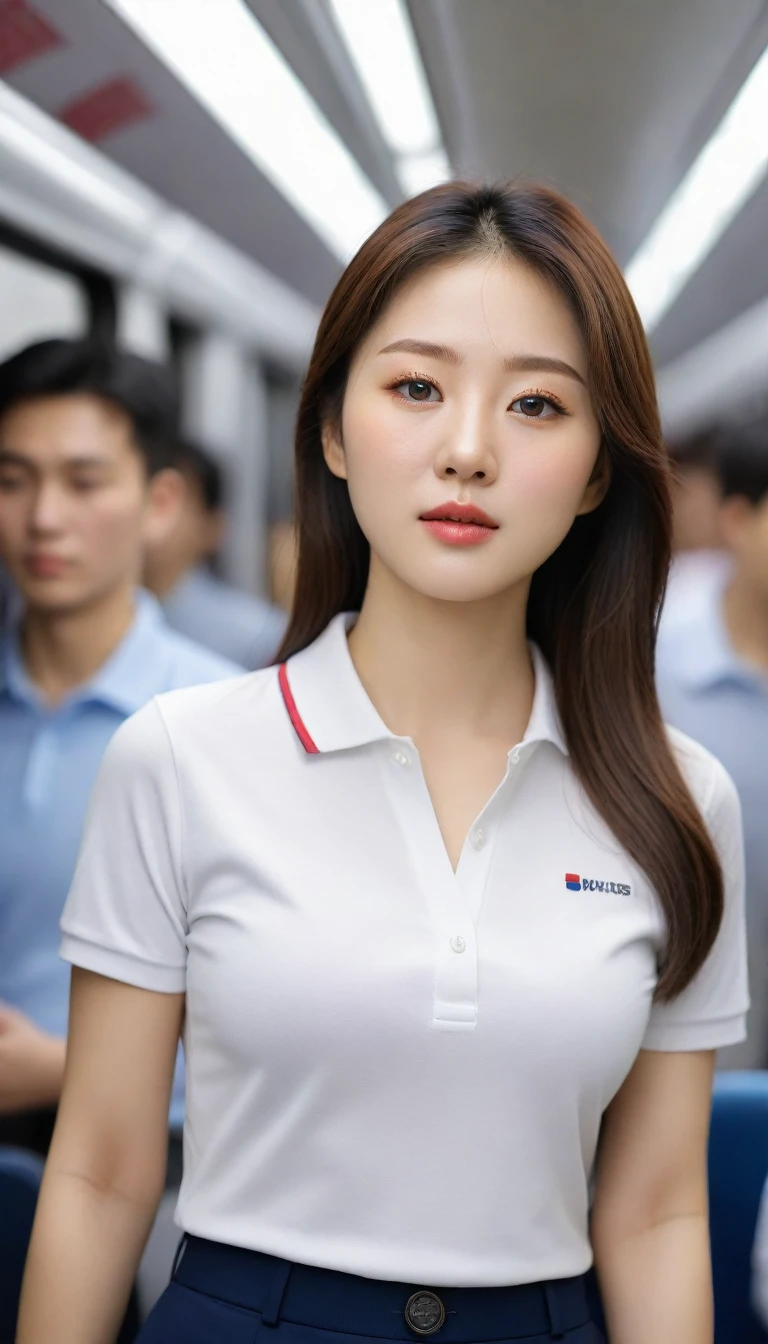 Close-up photo of a very beautiful Korean woman, Chest size 34 inches, wearing a polo shirt, trousers, on the train, crowded, bokeh background, UHD