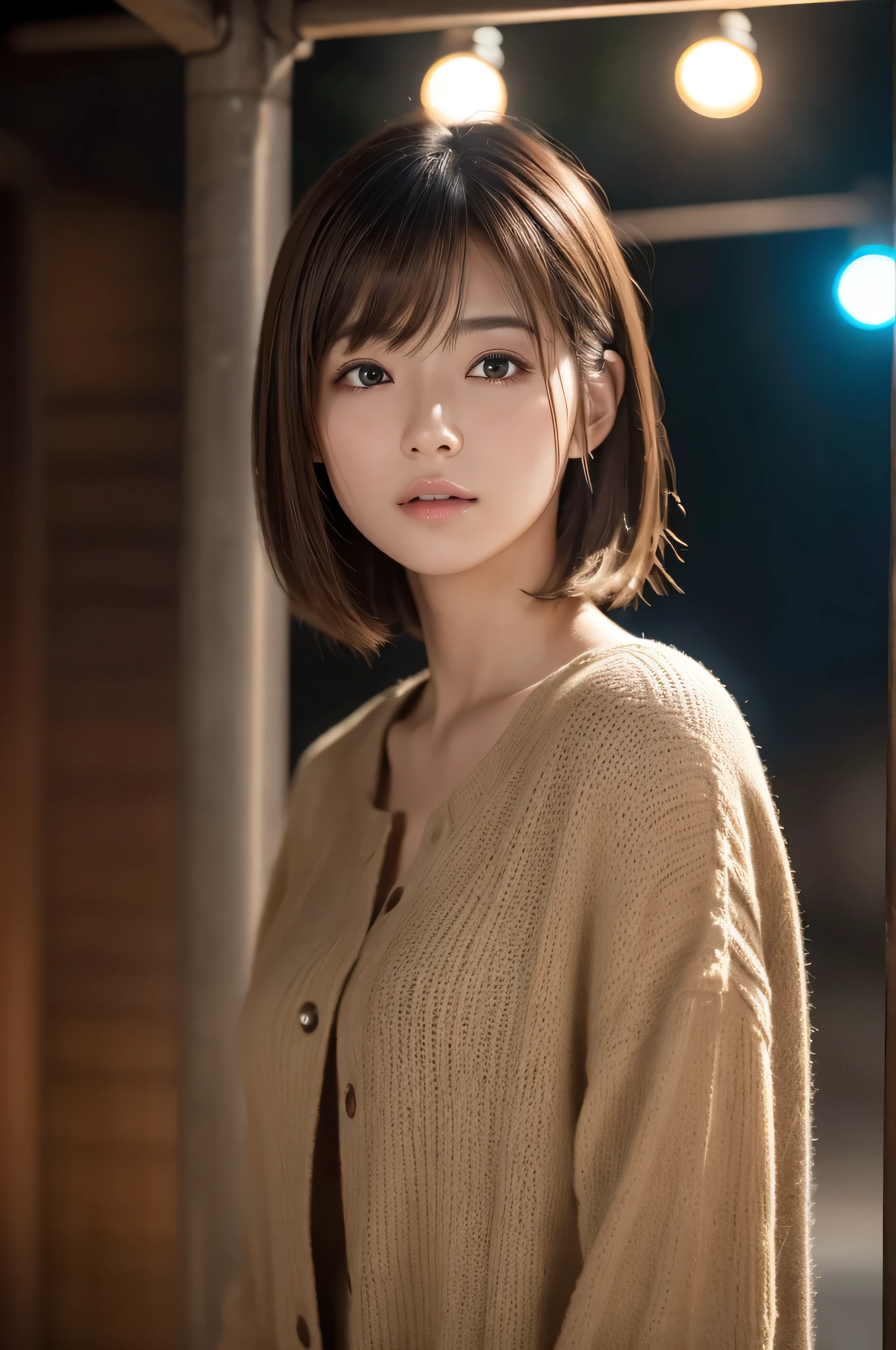 (highest quality,masterpiece:1.3,超A high resolution,),(Very detailed,Caustics),(Photorealistic:1.4,RAW shooting,)Ultra-Realistic Capture,Very detailed,High resolution 16K suitable for human skin、 Natural skin texture、、Skin tone is even and healthy looking、 Use natural light and color,One Woman,Japanese,,cute,brown hair,Middle Hair,(Written boundary depth、chromatic aberration、、Wide range of lighting、Natural Shading、)、(outdoor lights at night:1.4)、(Hair swaying in the wind:1)、short hair、Outward flicked edge