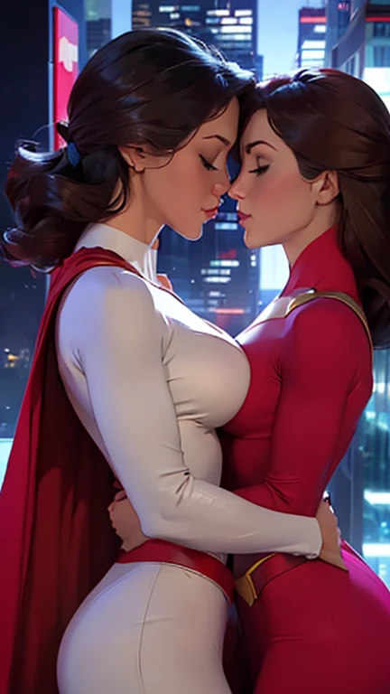 Two girls. Masterpiece. Two busty babes. Gloomy city, night, dim lights, under pouring rain, soaking wet. On skyscrapers roof tops, two hugely busty babes, topless, breasts and nipples exposed, are kissing passionately,, their breasts pressing on each other, hand on breast, hand on shoulder. First, Supergirl, brown hair, in her signature blue and red mini skirt, topless, her big breasts exposed, with a red cape. Second, Power Girl, blond hair, topless, her big breasts exposed, white underwear, red cape. Two girls together. Girl power. Girl passionate love. HD. High quality.