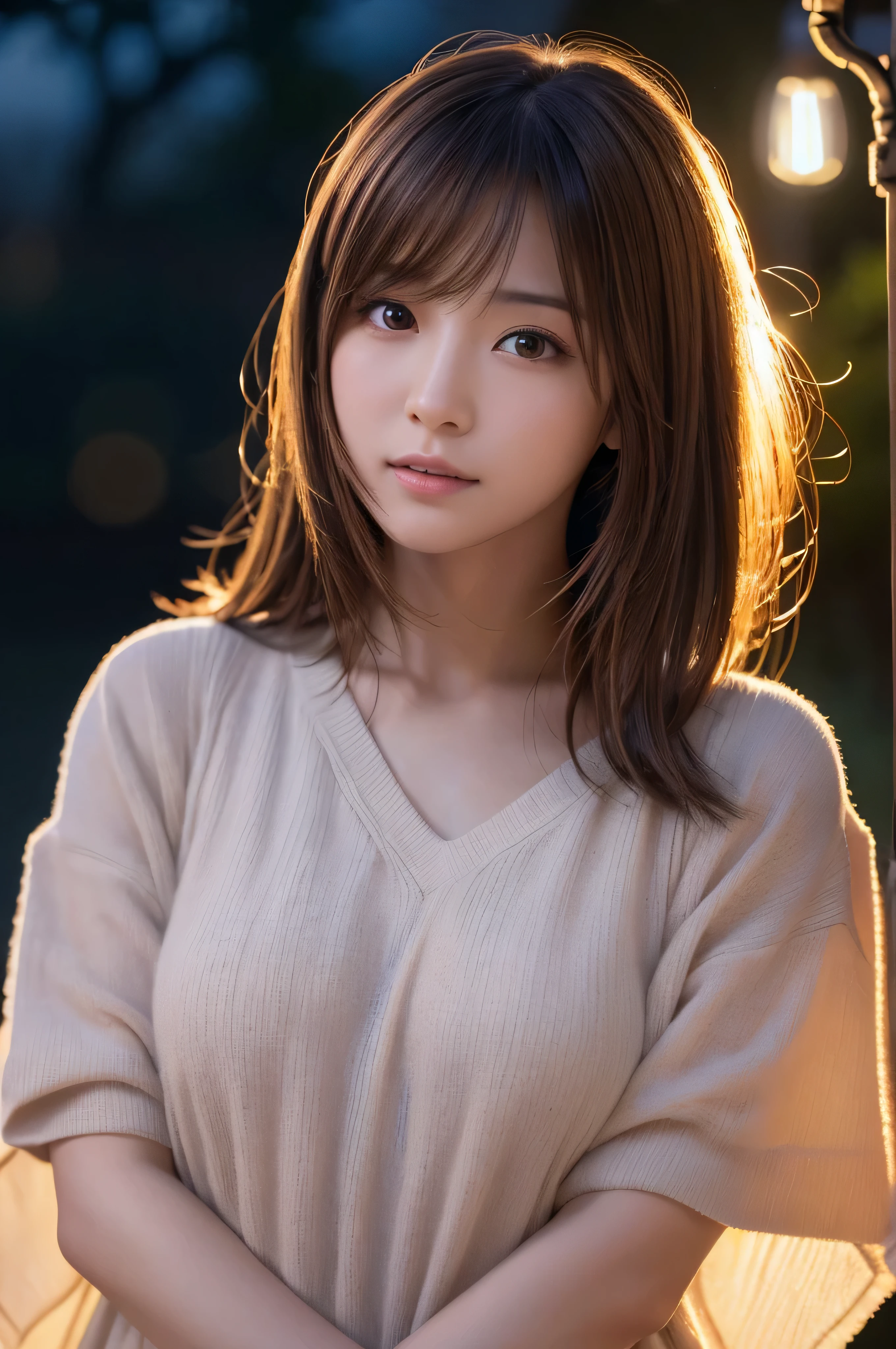 (highest quality,masterpiece:1.3,超A high resolution,),(Very detailed,Caustics),(Photorealistic:1.4,RAW shooting,)Ultra-Realistic Capture,Very detailed,High resolution 16K suitable for human skin、 Natural skin texture、、Skin tone is even and healthy looking、 Use natural light and color,One Woman,Japanese,,cute,brown hair,Middle Hair,(Written boundary depth、chromatic aberration、、Wide range of lighting、Natural Shading、)、(outdoor lights at night:1.4)、(Hair swaying in the wind:1)、short hair、Outward flicked edge