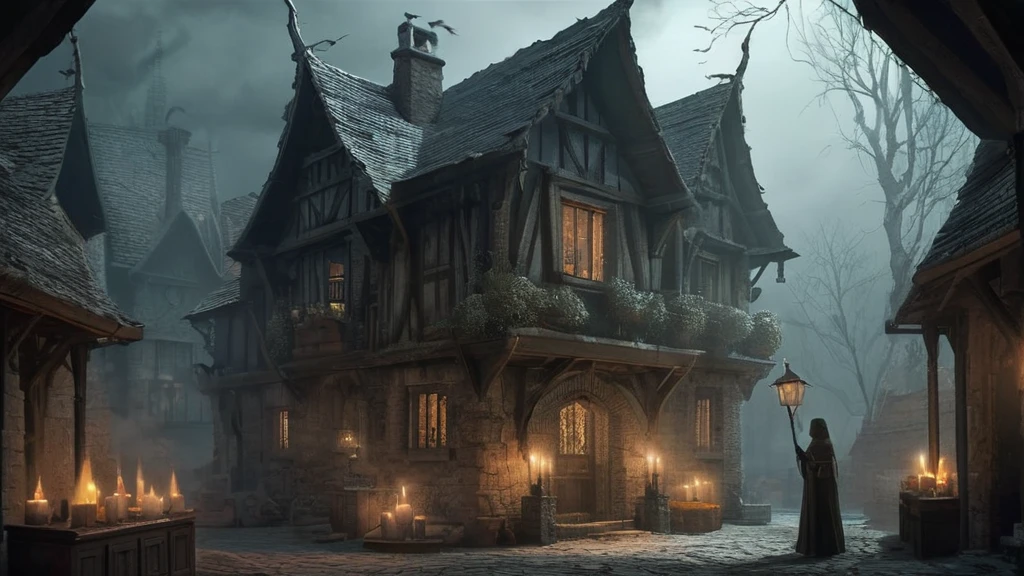 shadowy medieval city, where narrow, winding streets are veiled in a blanket of fog, stands a small, weathered house tucked away from the main thoroughfare. The structure, with its sagging roof and crooked timbers, exudes an aura of age and mystery. Dim, flickering candlelight spills through the small, grimy windows, casting wavering shadows on the cobblestone streets outside.
Inside, the air is thick with the scent of herbs, old parchment, and the faint aroma of incense. The modest interior is cluttered with an assortment of peculiar objects: dried herbs hang from the low beams, strange vials and jars are scattered across wooden shelves, and ancient books lie open on a cluttered table.
Seated by the hearth, an elderly woman with a face etched deeply by time and wisdom occupies a worn, high-backed chair. Her gnarled hands, deft despite their age, gently stir a pot of mysterious concoction bubbling over the fire. Her eyes, sharp and glinting with a keen, knowing light, survey the room with a blend of caution and curiosity.
The house creaks and groans with every gust of the cold night wind, and occasional distant howls from the darkened city outside add to the eerie atmosphere. In the dim glow of the hearth and candlelight, the old lady appears as both guardian and keeper of forgotten knowledge, a solitary figure whose presence weaves a thread of arcane mystery into the heart of the medieval night.