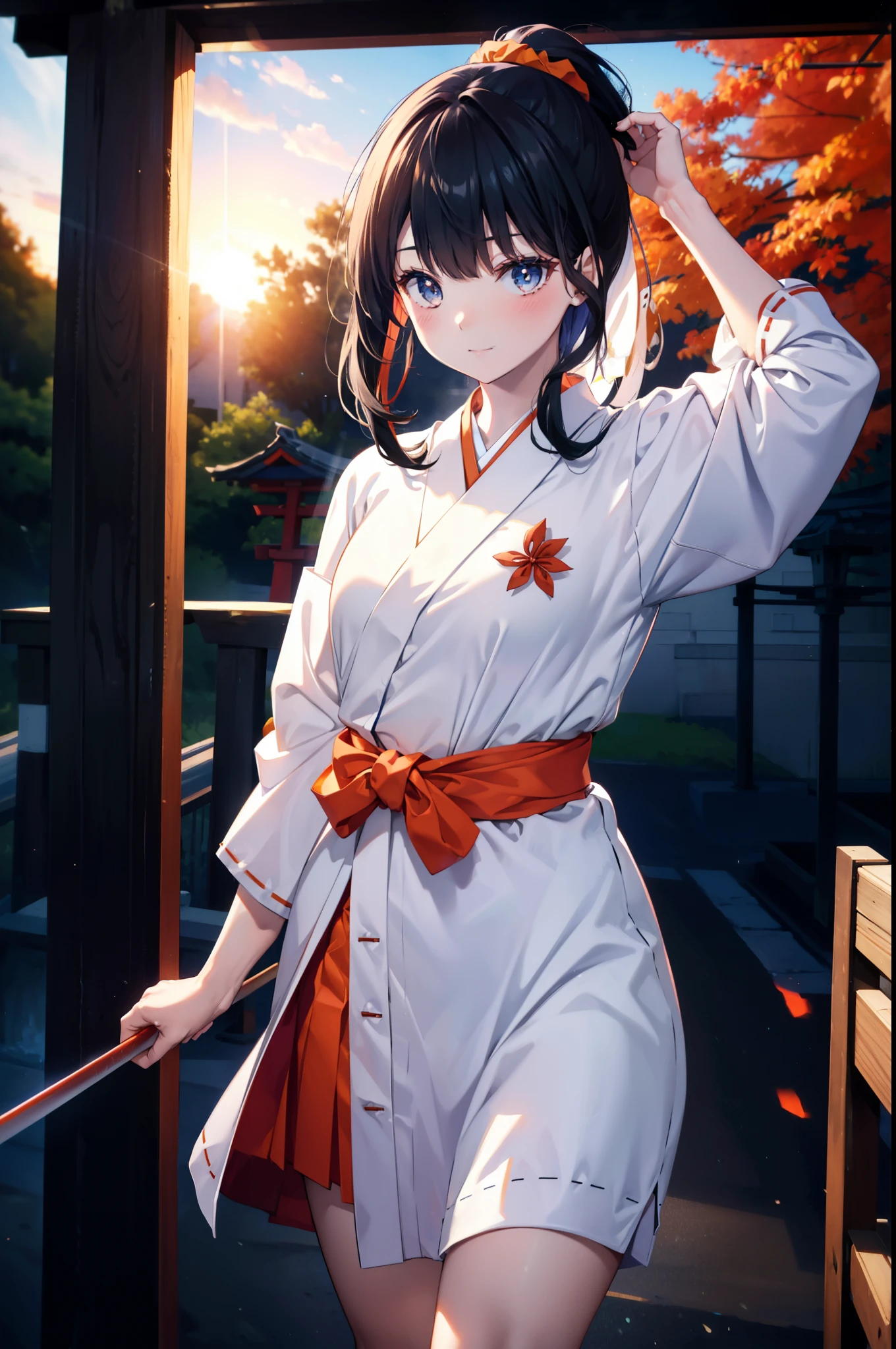 Rikka body,  Black Hair, blue eyes, Long Hair, orange Scrunchie, Scrunchie, wrist Scrunchie,smile,blush,White Kimono, kimono,Red Hakama,White tabi,Sandals Wide Sleeve, Long sleeve, Ribbon-trimmed sleeves,  Blunt bangs, low ponytail, Are standing,whole bodyがイラストに入るように,sunset,evening,The sun is setting,
break outdoors, shrine,torii,
break looking at viewer, whole body, (Cowboy Shot:1. 5),
break (masterpiece:1.2), Highest quality, High resolution, unity 8k wallpaper, (figure:0.8), (Beautiful attention to detail:1.6), Highly detailed face, Perfect lighting, Highly detailed CG, (Perfect hands, Perfect ???????),