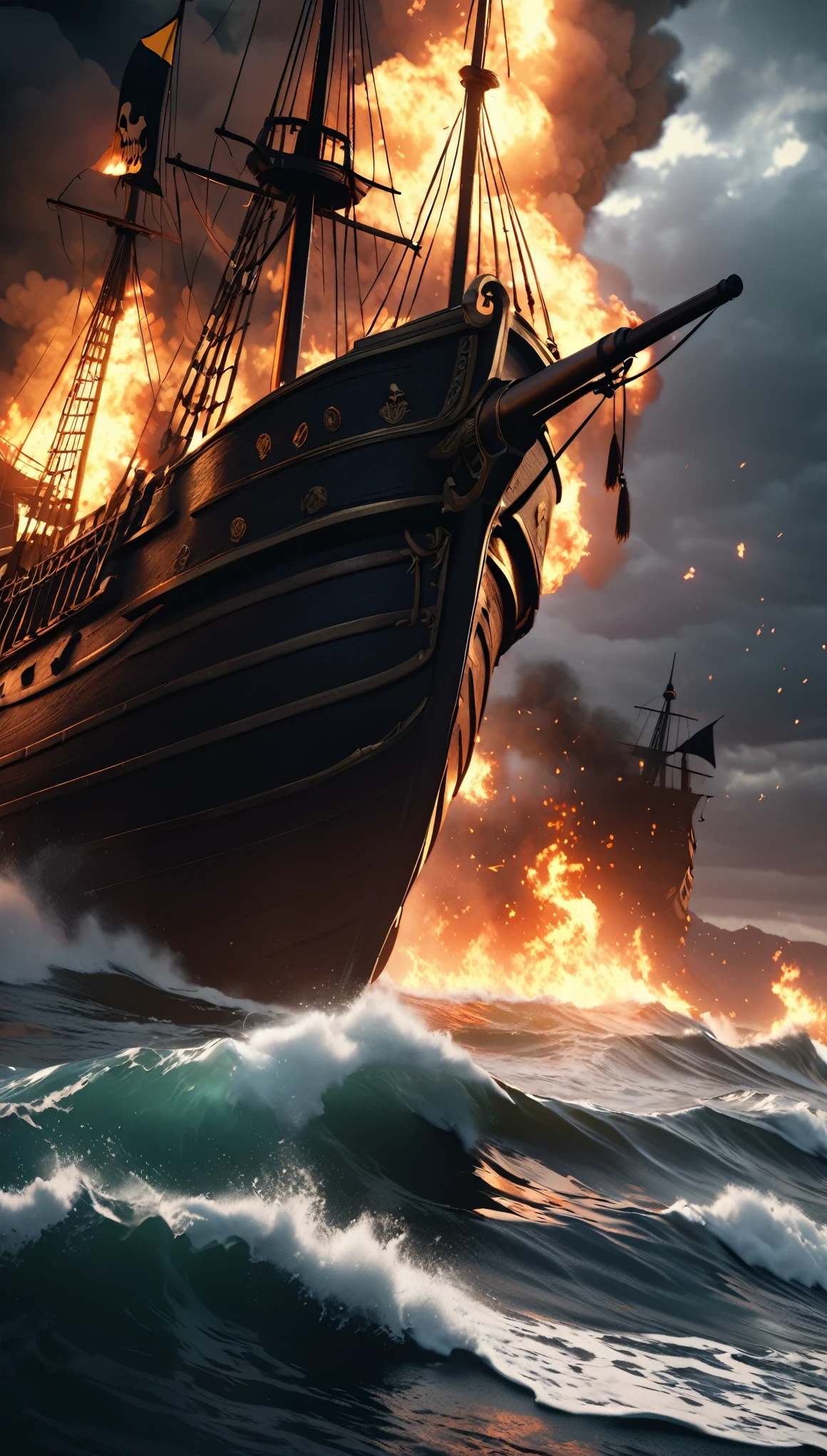 a burning pirate ship, burning mast, pirate flag, skull mark, dark night sea, dramatic lighting, realistic 3D render, cinematic composition, moody atmosphere, intense colors, detailed textures, high contrast, dramatic shadows, glowing embers, crackling flames, billowing smoke, stormy ocean waves, ominous sky, (best quality,4k,8k,highres,masterpiece:1.2),ultra-detailed,(realistic,photorealistic,photo-realistic:1.37)