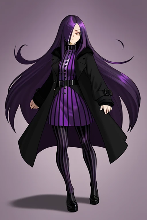 girl, long purple hair, The hair hides one eye, in full growth, Dressed in a black coat, purple tights with black stripes