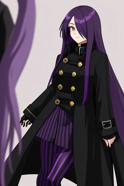 girl, long purple hair, The hair hides one eye, in full growth, Dressed in a black coat, purple tights with black stripes
