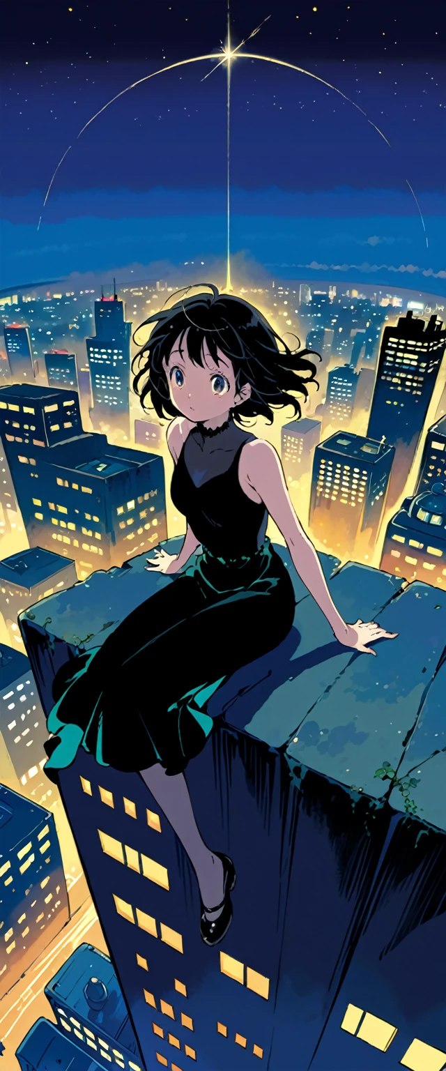 Girl in black top sitting on the edge of a skyscraper, Studio Ghibli, Cityscape, Detailed illustrations, Official Art, cute, Graceful Movement, Nocturne, Composed, HD wallpaper,Very shining,