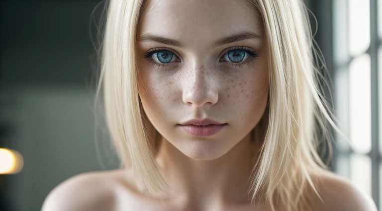 1girl in, teenager, Solo, Aesthetic artwork, blond, straight blonde hair, waist length hair, light blue eyes, some small freckles, pale skin, breasts, runners body, (thin hips, thin waist: 1.1), detailed skin, shy smile, 24mm, 4k textures, soft cinematic light, RAW photo, photorealism, photorealistic, intricate, elegant, highly detailed, sharp focus, ((((cinematic look)))), soothing tones, insane details, intricate details, hyperdetailed, low contrast, soft cinematic light, dim colors, exposure blend, hdr, faded