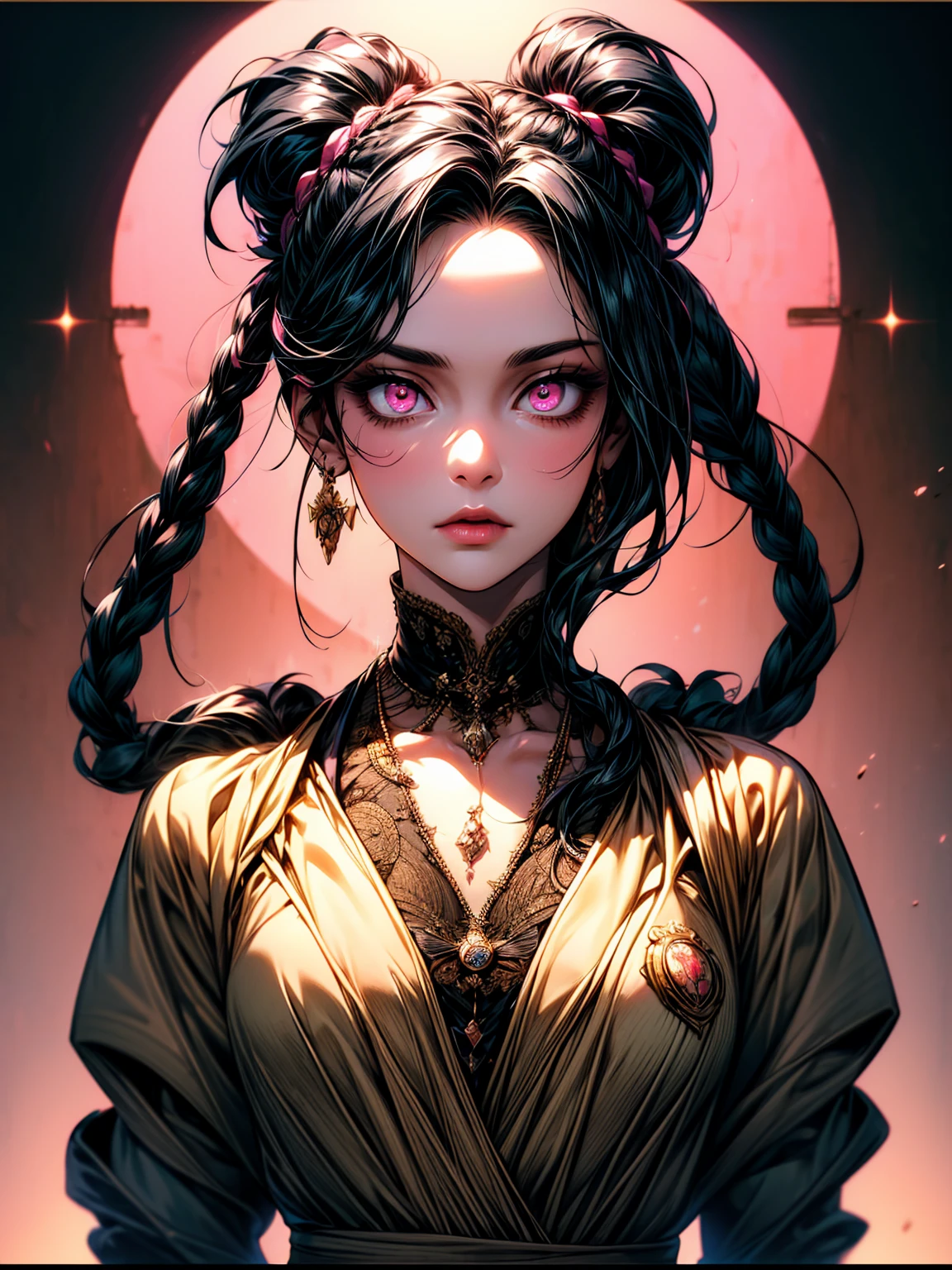 (Two Braided twintails, black hair, pink eyes:1.3), masterpiece,1girl, solo, (full body),(((best quality))), (((ultra detailed))), (((masterpiece))), illustration,over, cover_page, letterboxed, looking_at_viewer, pureerosface_v1,((Detailed text)),figure,Cute figure,【:(detailed face:1.6):0.2】,solo focus,ultra-detailed,(masterpiece:1.4),best quality,ultra high res,detailed background,Double exposure,line,badge,pattern,ultra realistic 8k cg, picture-perfect face, flawless, clean, masterpiece, professional artwork, famous artwork, cinematic lighting, cinematic bloom,