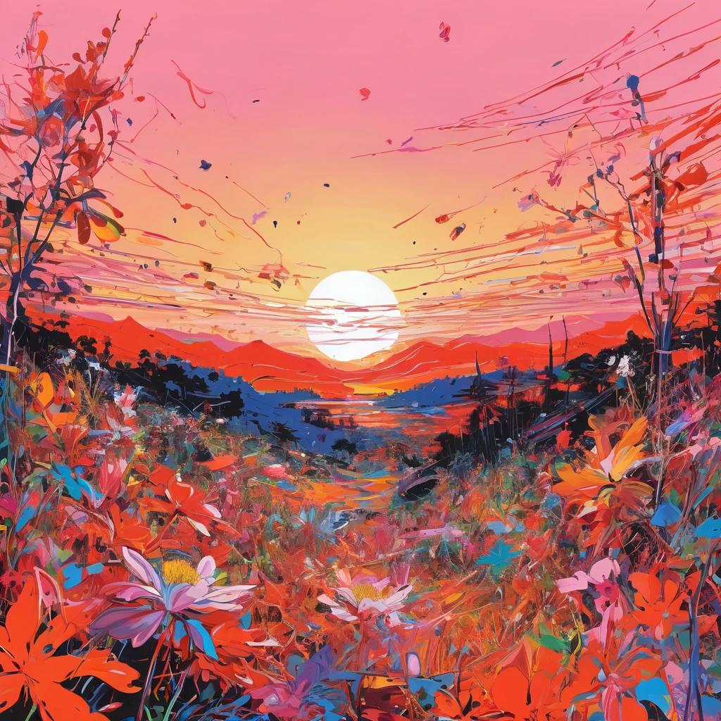 graffit, scribble, Comics by Petra Cortright, best qualityer, work of art, sunset artwork, Representative work, offcial art, proffesional, ultra intricate detailed, 8k, sunset art, coloured background