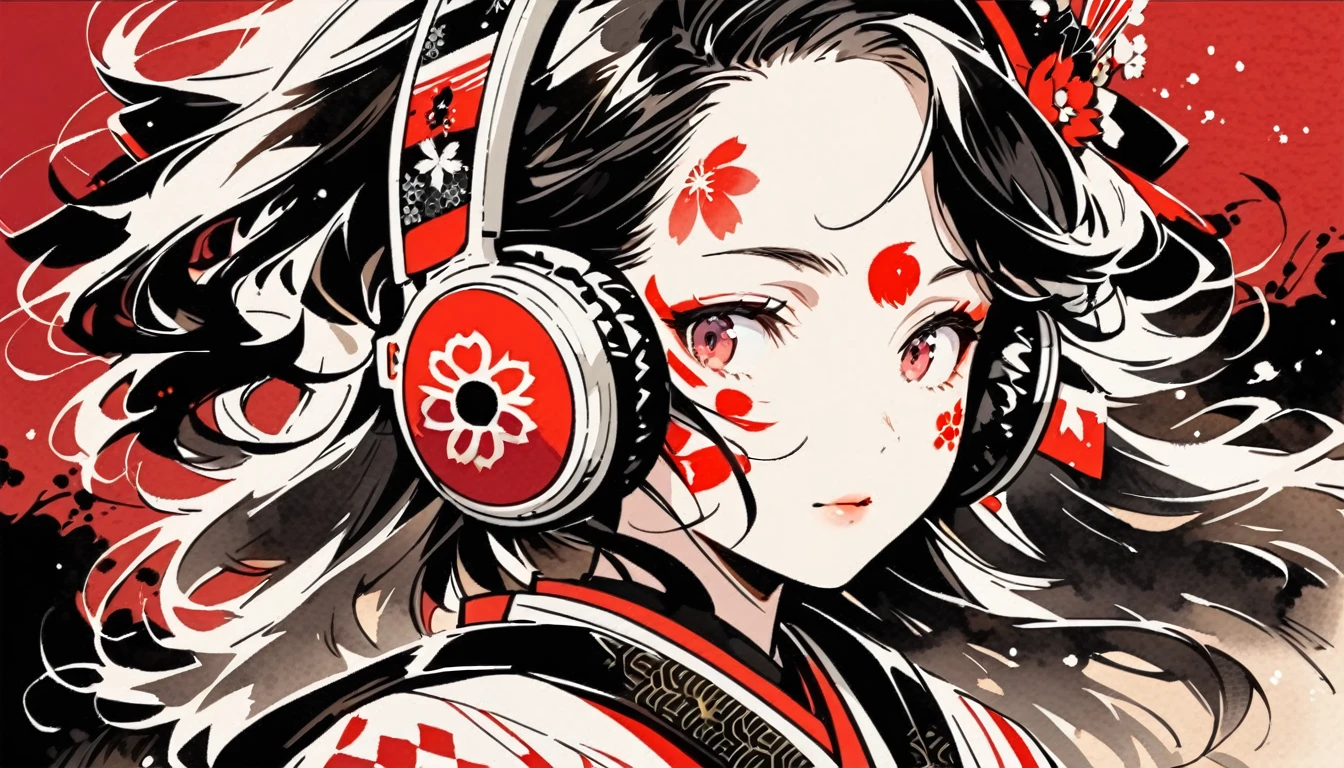 Fashion portrait color photos, (((Ink Painting))), (((1 girl))), (((Tattoo on face))), (((Gorgeous kimono))), Japanese style headphones, face close-up, Japanese beautiful girl, smile