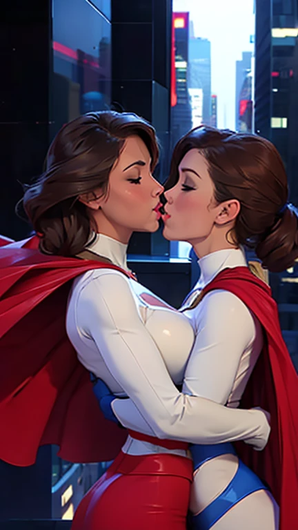 Two girls. Masterpiece. Two busty babes. Gloomy city, night, dim lights, under pouring rain. On skyscrapers roof tops, two hugely busty babes are kissing passionately, holding each other tightly by the ass. First, Supergirl in her signature blue and red outfit, with logo on chest and a red cape. Second, Power Girl in her signature white outfit with a cutout on the chest, red cape attached on left side of outfit. Two girls together. Girl power. Girl passionate love. HD. High quality.