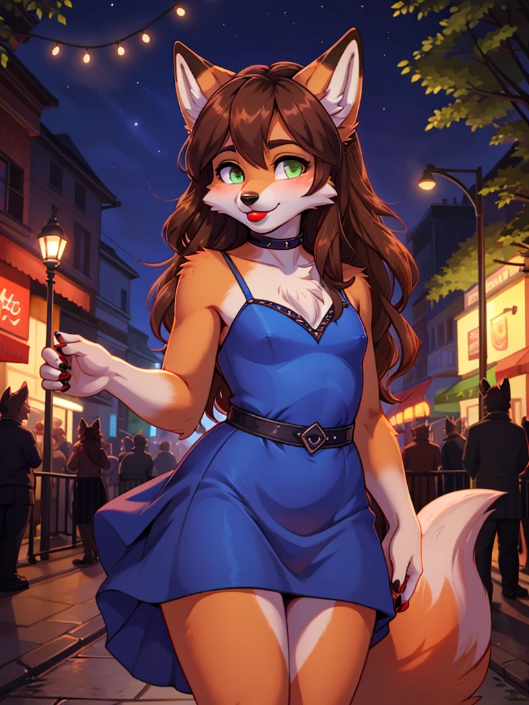 Best quality, furry male fox with green eyes, with brown long hair, with black spout, with red lipstick on lips, big lips, in a blue dress, crossdressing, cute shy, shows its charms, sexy pose, stands seductively against the backdrop of a night park