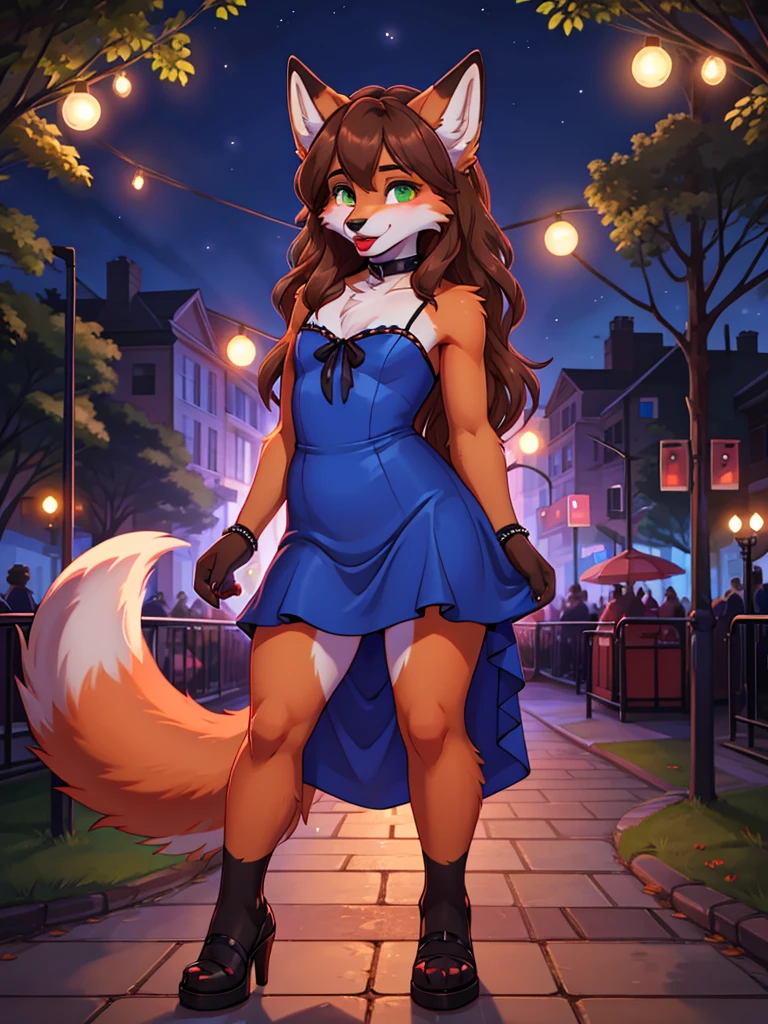 Best quality, furry male fox with green eyes, with brown long hair, with black spout, with red lipstick on lips, big lips, in a blue dress, crossdressing, shy femboy, sexy pose, against the backdrop of a night park