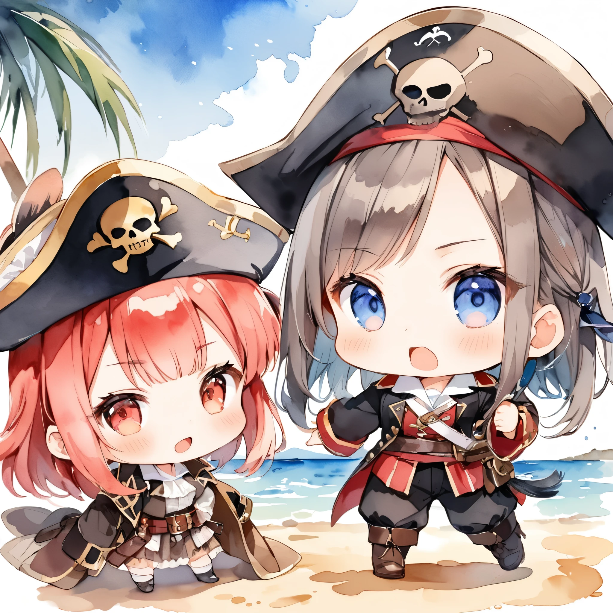 (Watercolor style:1.2, masterpiece:1.2),Two pirate girls, pirate battle, Chibi, Deformation, Children&#39;s book illustrations, pale colour, Fancy Art.