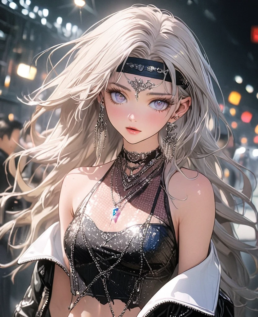8K,gal,an extremely delicate and beautiful,Beautiful and realistic skin,Shiny jewel-like earrings,Shine like glitter long silver hair,beautiful eyes,Fashion Model,full body,see-through shirt,off shoulder,torn bottomwear,headband
