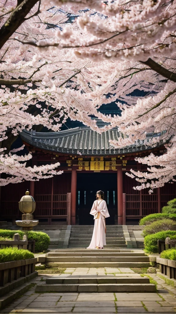 A mysterious nine-tailed fox，Holding a box of gold，Dressed in gorgeous costumes，The body is adorned with exquisite jewellery，Nine tails spread out，Standing in front of an ancient temple，Behind is a cherry blossom tree，The petals fall in the wind，Adds a sense of tranquility and。 The temple is surrounded by ancient golden lanterns and golden steps.，Surrounded by dense bamboo forest，Create a mysterious and ancient atmosphere。The scene is filled with a calm and mysterious atmosphere，The gentle falling of cherry blossoms and the tranquil posture of the nine-tailed fox，It gives people a sense of otherworldly tranquility。Surrounded by mysterious fog，Exudes a mysterious and tempting atmosphere，Dreamy style photography，Create a dreamy feel with soft lighting and a blurred background。Ultra-clear，16K