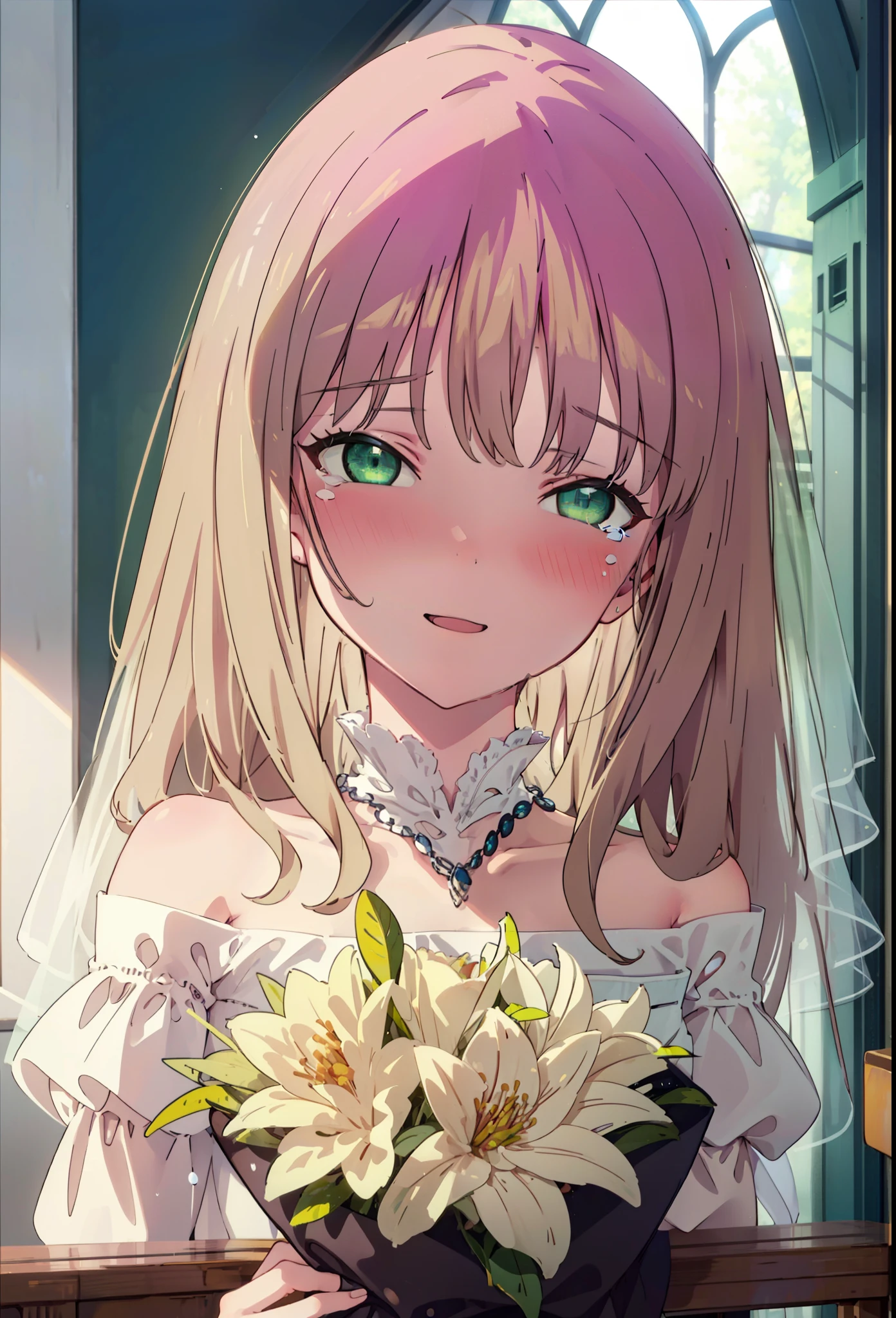 minami yume ,sss Dynazenon ,Long Hair, Brown Hair, (Green Eyes:1.5) ,blush,happy smile, smile, Open your mouth,off-the-shoulder wedding dresses,Betting Skirt,necklace,Veil,bouquet,Please close your eyes.,Tears stream down her face,Tears of joy,I cry a lot,
break looking at viewer, whole body,(Cowboy Shot:1. 5) break indoors, Chapel,church, break (masterpiece:1.2), Highest quality, High resolution, unity 8k wallpaper, (shape:0.8), (Beautiful attention to detail:1.6), Highly detailed face, Perfect lighting, Extremely detailed CG, (Perfect hands, Perfect Anatomy),